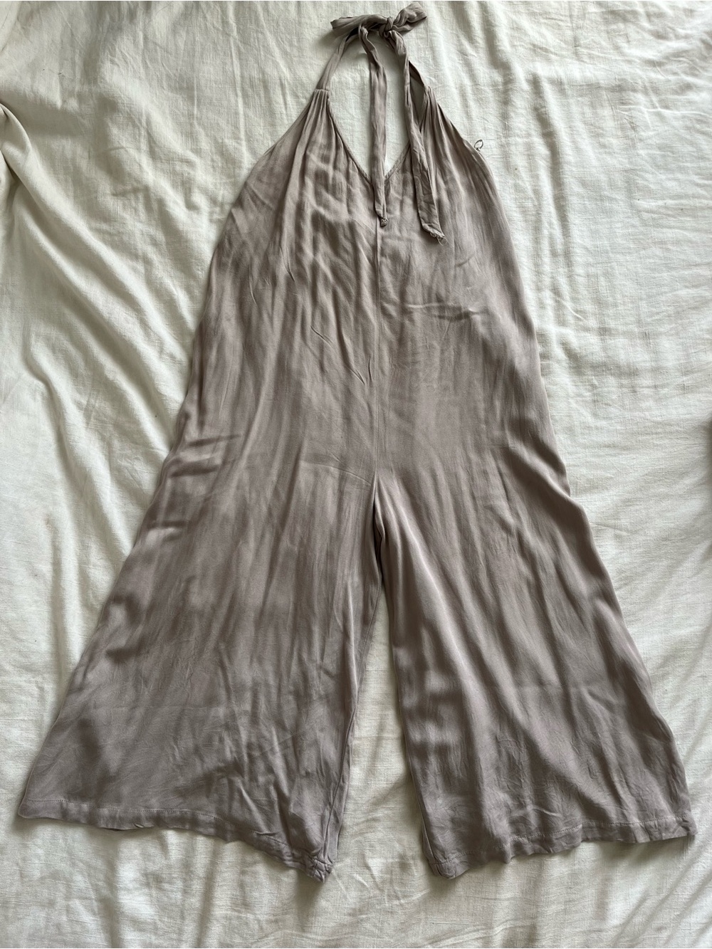 Open Back Taupe Halter Wide Leg Jumper with Pockets